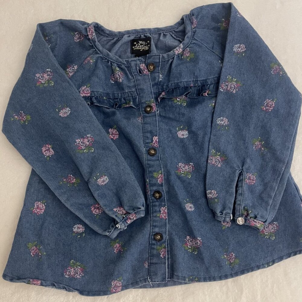 Denim Long-Sleeve Top with Roses – Cute & Casual – 4T